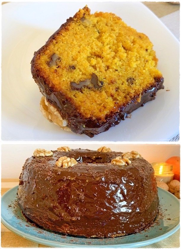 Bolo de cenoura e nozes com cobertura de chocolate