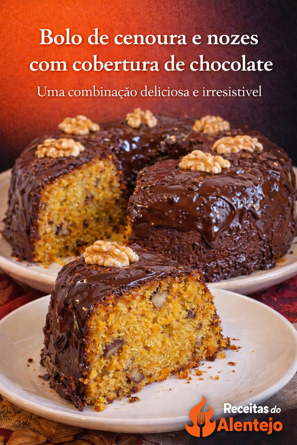 Bolo de cenoura e nozes com cobertura de chocolate