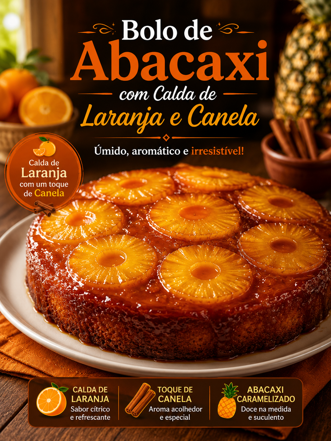Bolo de Abacaxi com Calda de Laranja e Canela 