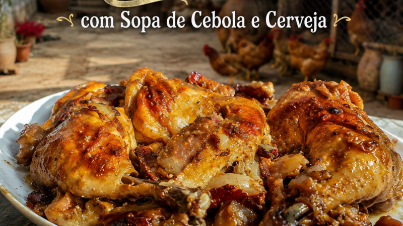 Receita de Frango assado no forno com Sopa de Cebola e Cerveja