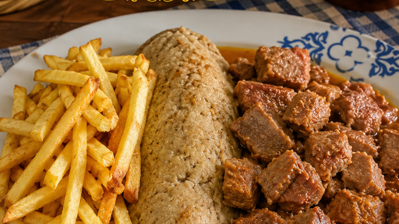 Migas com Carne de Porco e Batata Frita