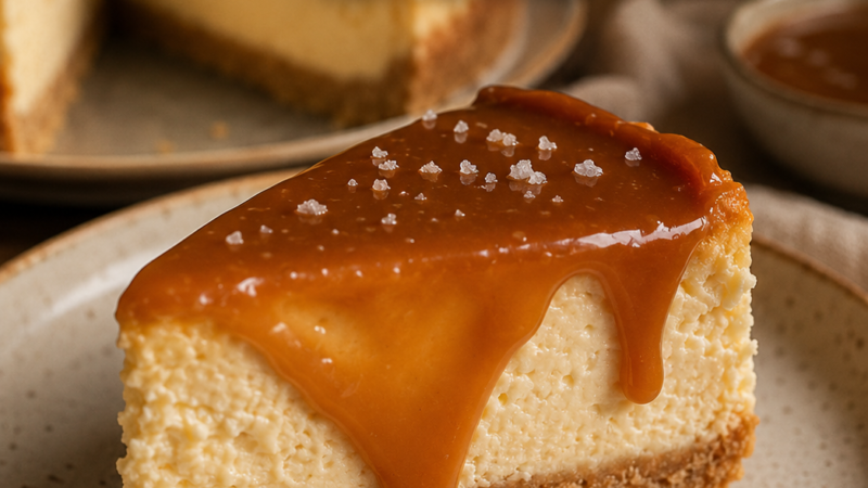 Cheesecake com calda de caramelo salgado