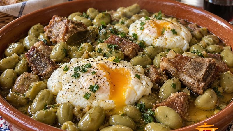Favas guisadas com entrecosto e ovos escalfados