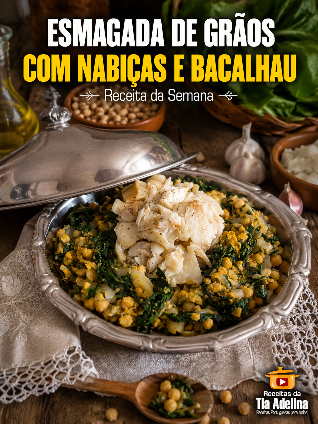 Esmagada de grãos com nabiças e bacalhau