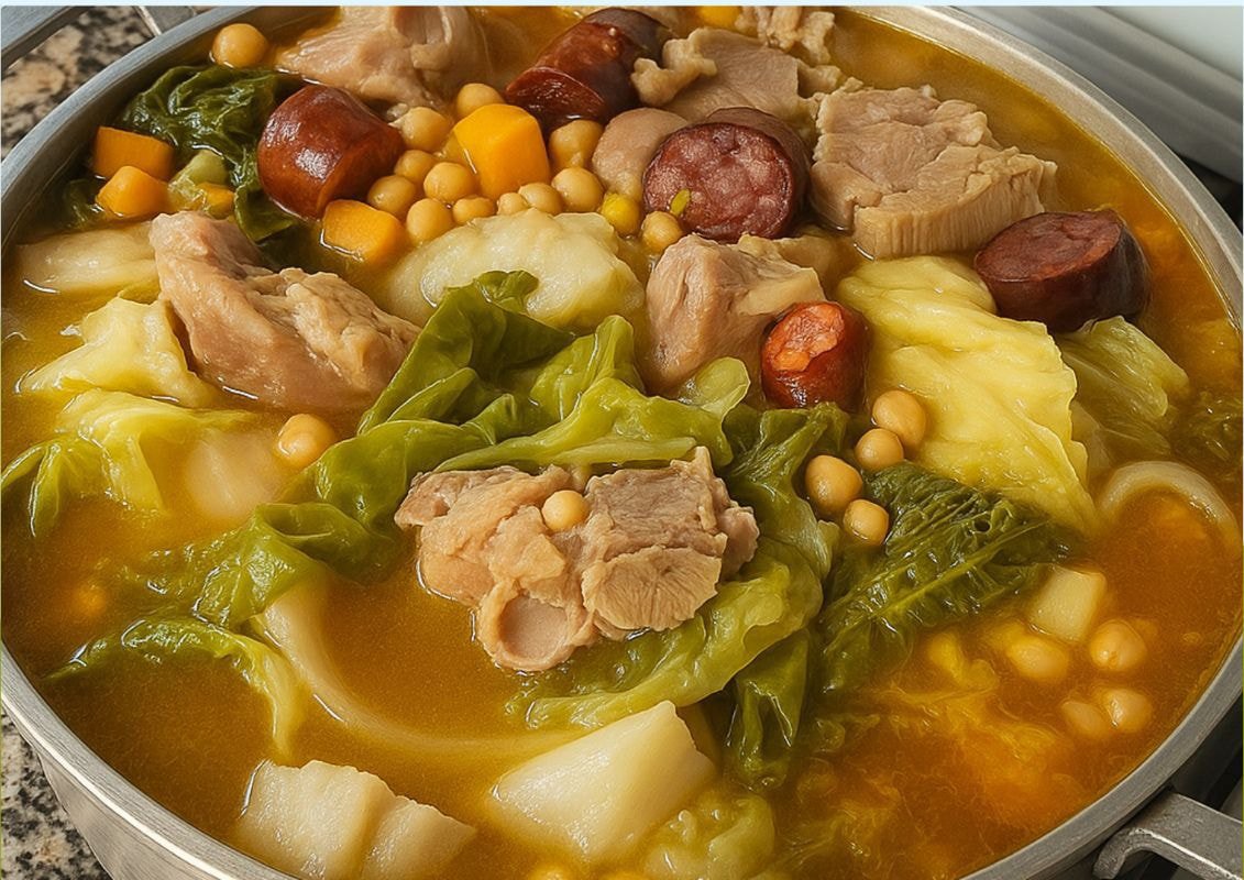 Cozido de grão com legumes e carne
