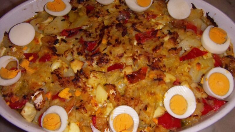 Bacalhau no forno com pimentos vermelhos