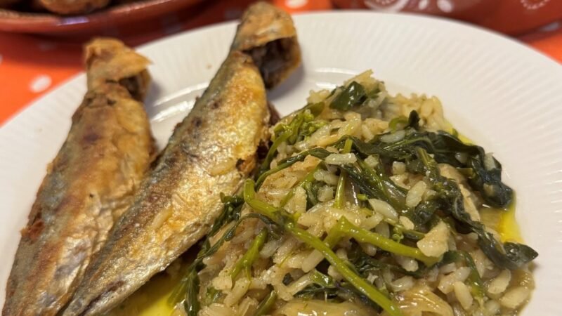 Arroz de grelos com carapauzinhos fritos