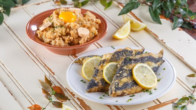 Peixe-espada frito com Migas de Ovas