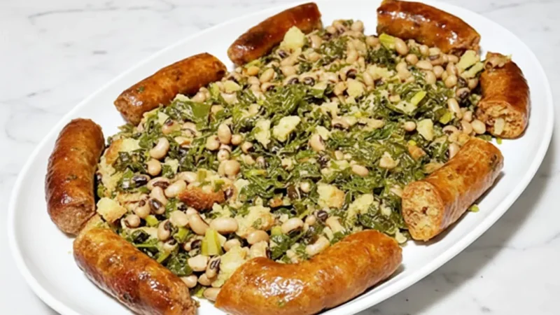 Alheira com migas de couve, feijão frade e broa de milho