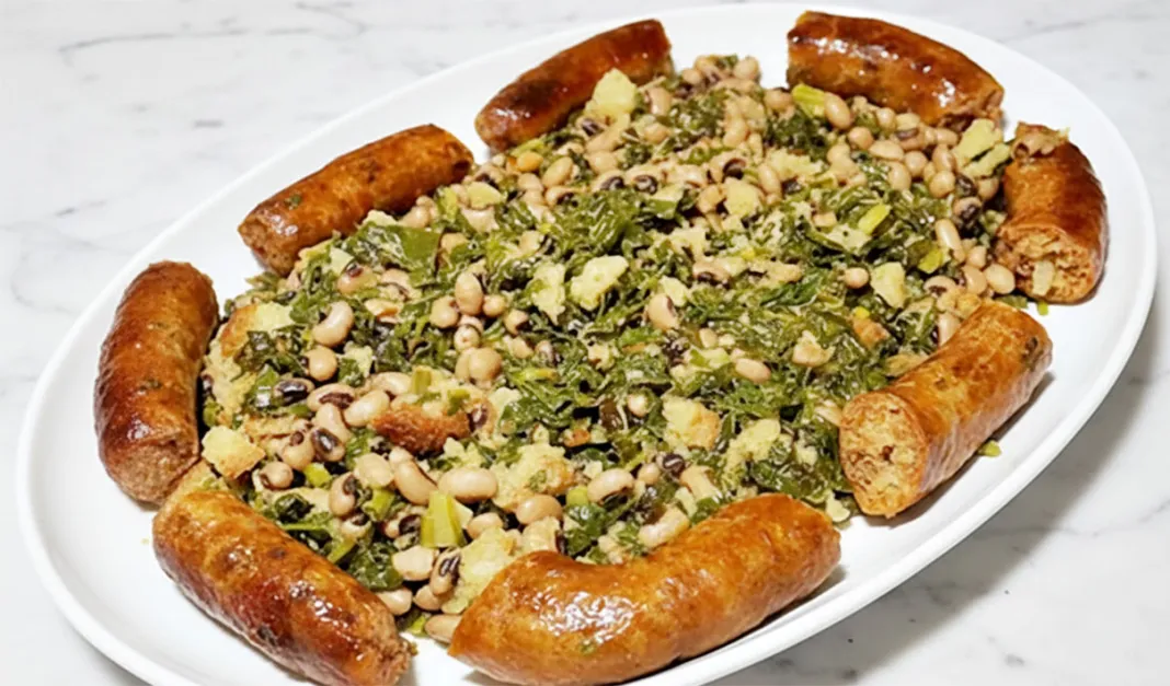 Alheira com migas de couve, feijão frade e broa de milho