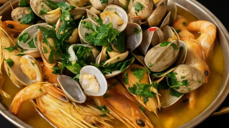 Cataplana de porco com camarão e ameijoa