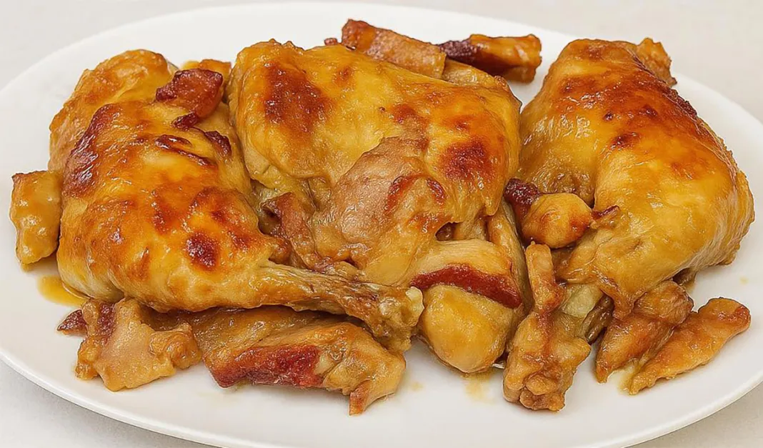 Frango assado no forno com sopa de cebola e cerveja