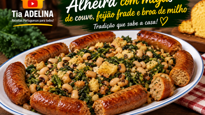 Alheira com migas de couve, feijão frade e broa de milho