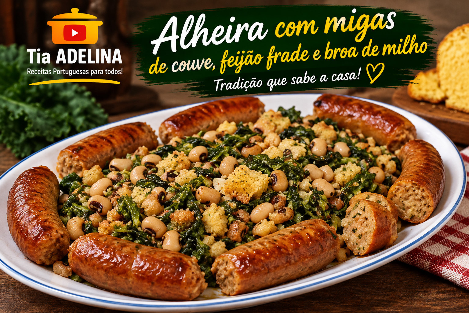 Alheira com migas de couve, feijão frade e broa de milho