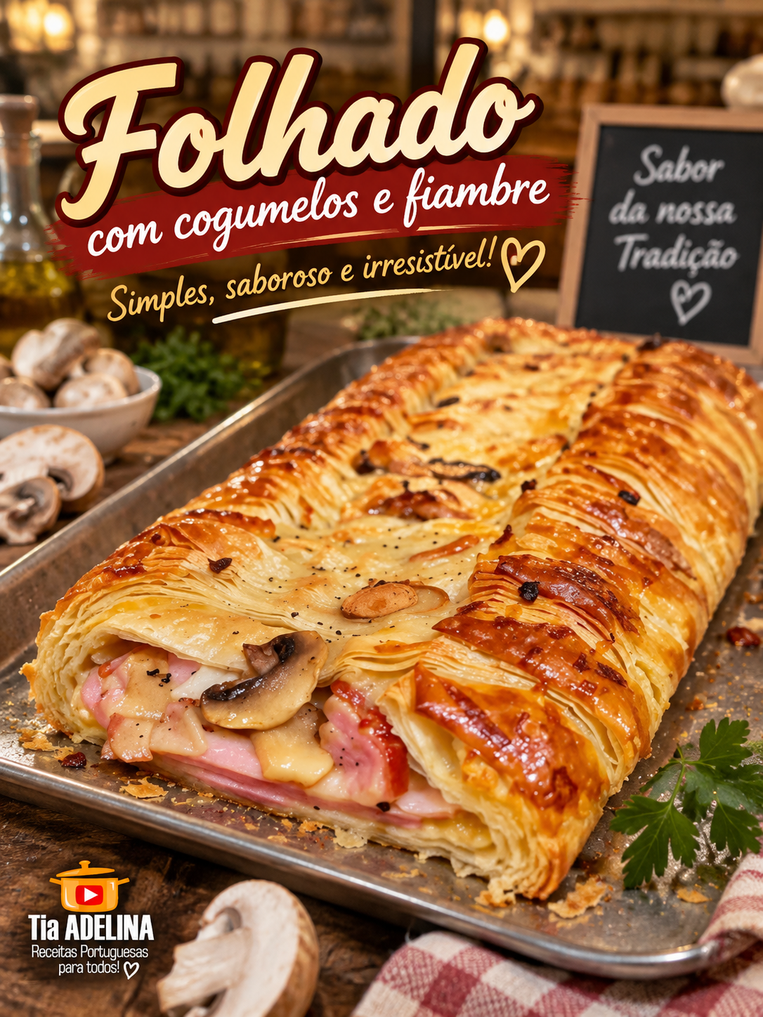 Folhado com cogumelos e fiambre