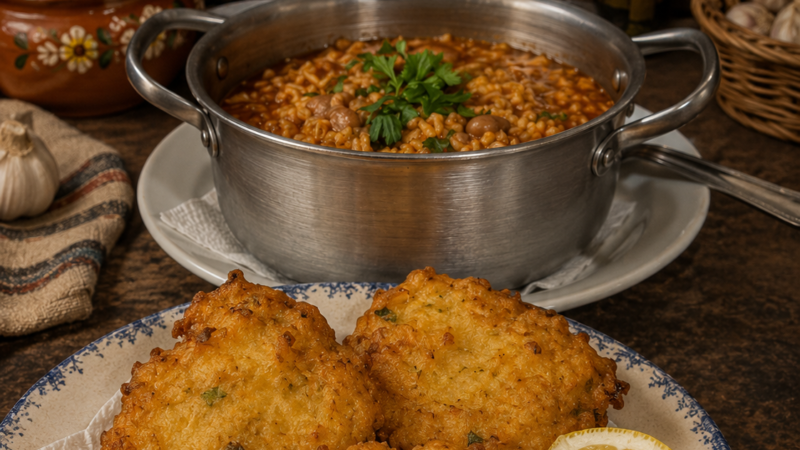 PATANISCAS DE BACALHAU COM ARROZ DE FEIJÃO