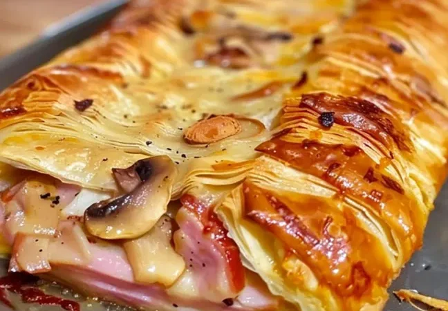 Folhado com cogumelos e fiambre