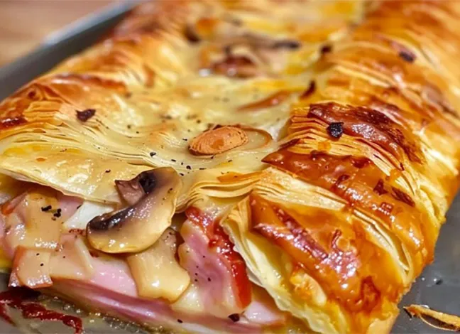 Folhado com cogumelos e fiambre