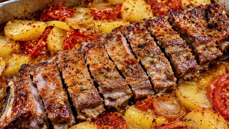 Piano de Porco com Batatinhas e Tomate no Forno