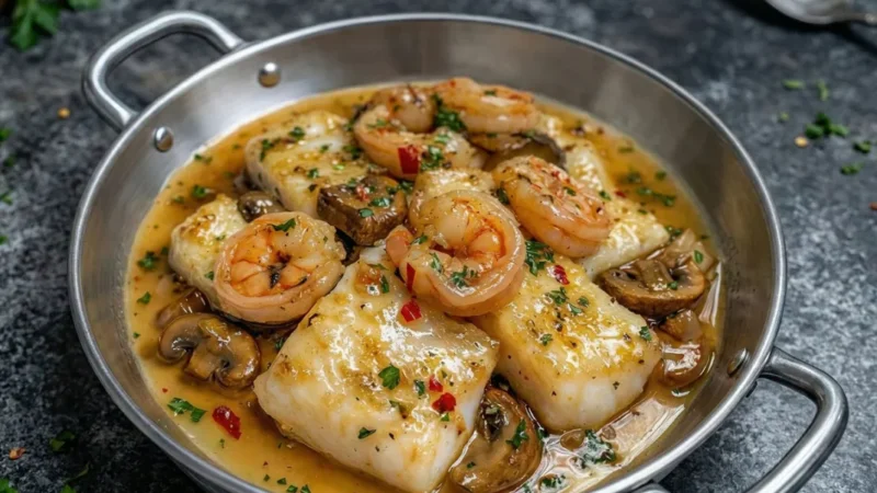 Bacalhau com camarão cogumelos e molho de alho