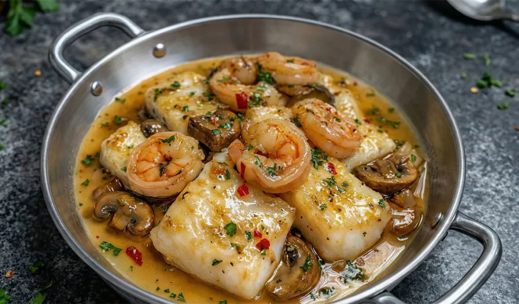 Bacalhau com camarão cogumelos e molho de alho