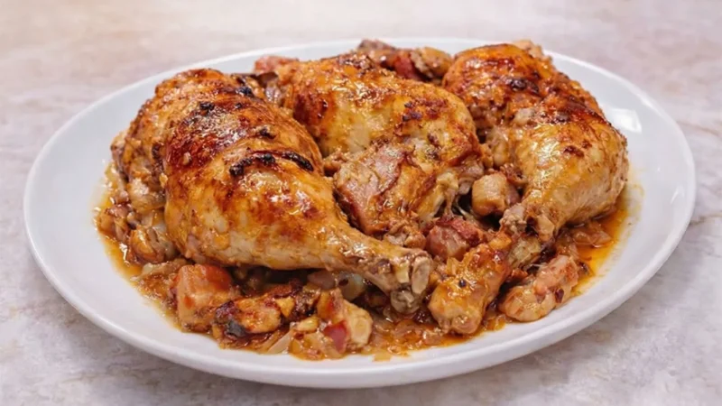 Frango assado no forno com sopa de cebola e cerveja