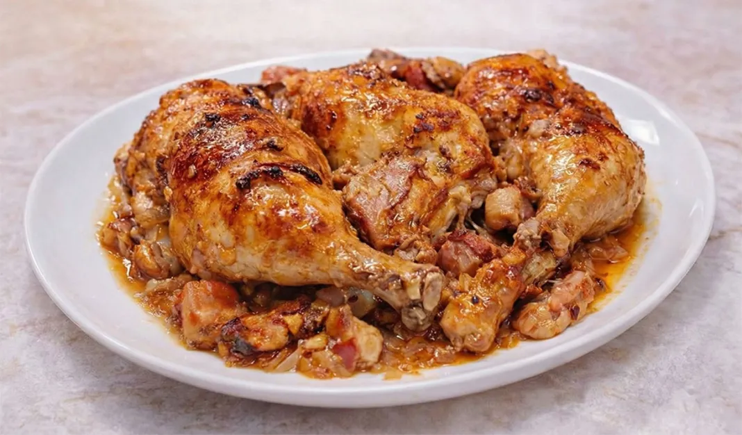 Frango assado no forno com sopa de cebola e cerveja