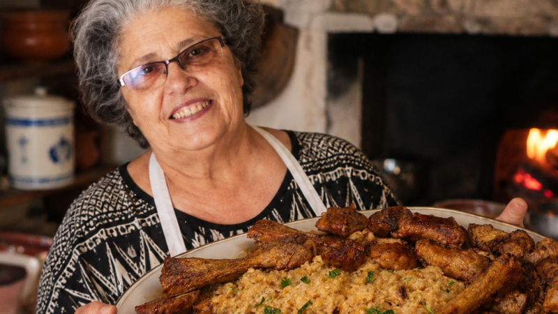 Migas de pão com entrecosto frito