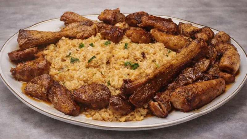 Migas de pão com entrecosto frito