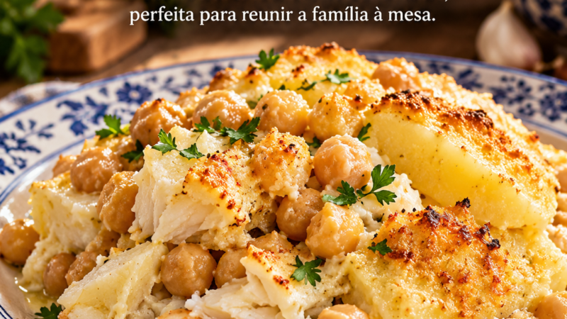 Bacalhau com grão e maionese no forno