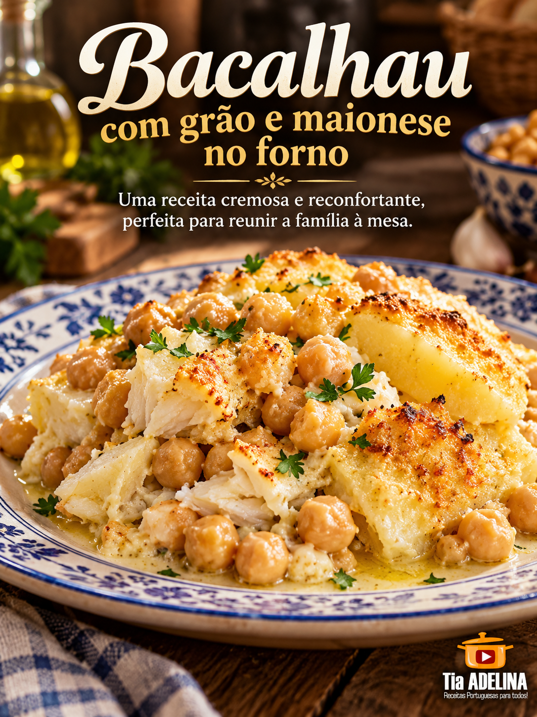 Bacalhau com grão e maionese no forno
