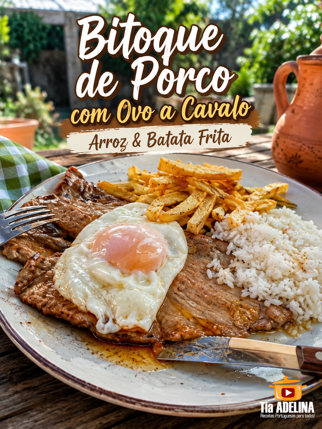 Bitoque de Porco com Ovo a Cavalo, Arroz & Batata Frita