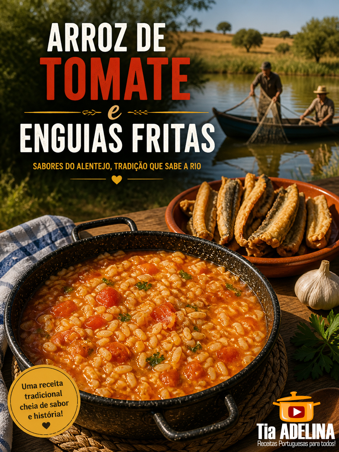 Arroz de tomate e enguias fritas