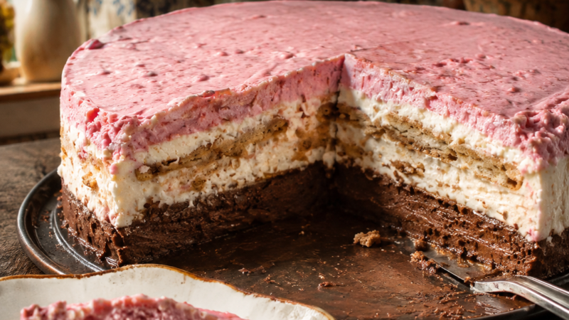 Semifrio de iogurte e gelatina com base de mousse de chocolate