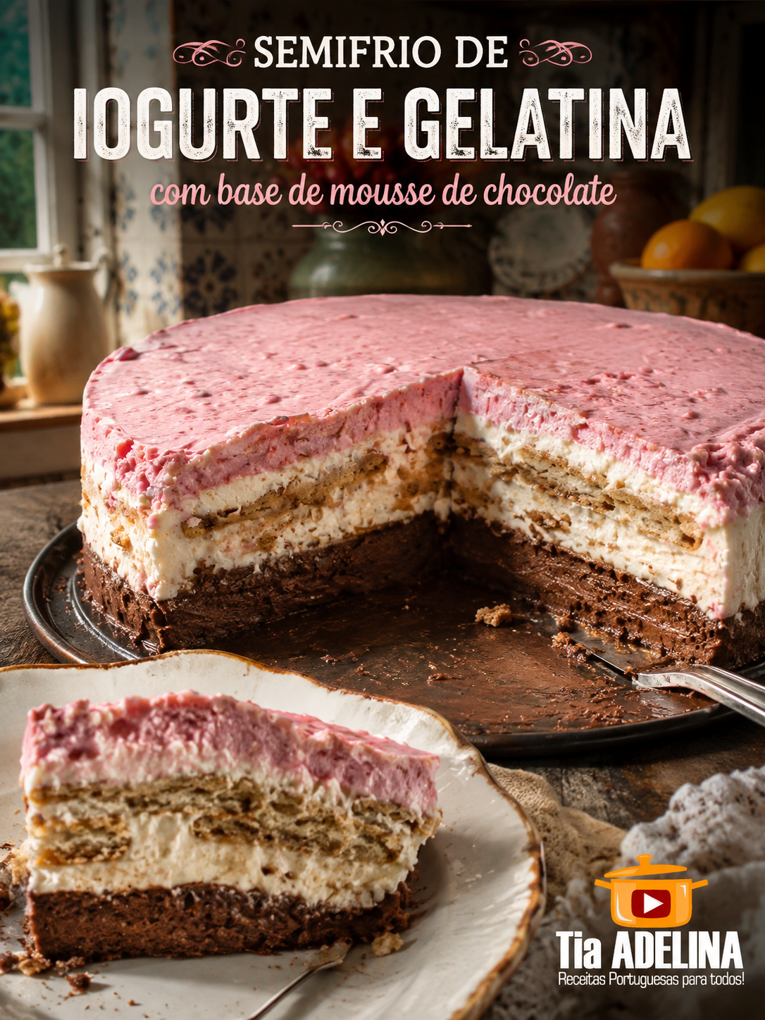 Semifrio de iogurte e gelatina com base de mousse de chocolate