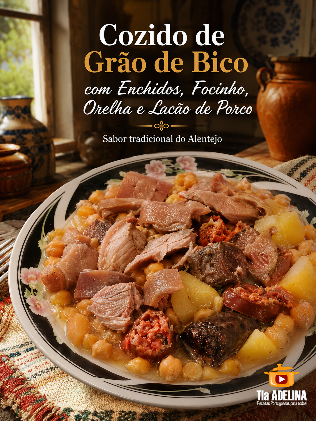 Receita de Cozido de grão de bico com enchidos focinho,orelha e lacão de porco