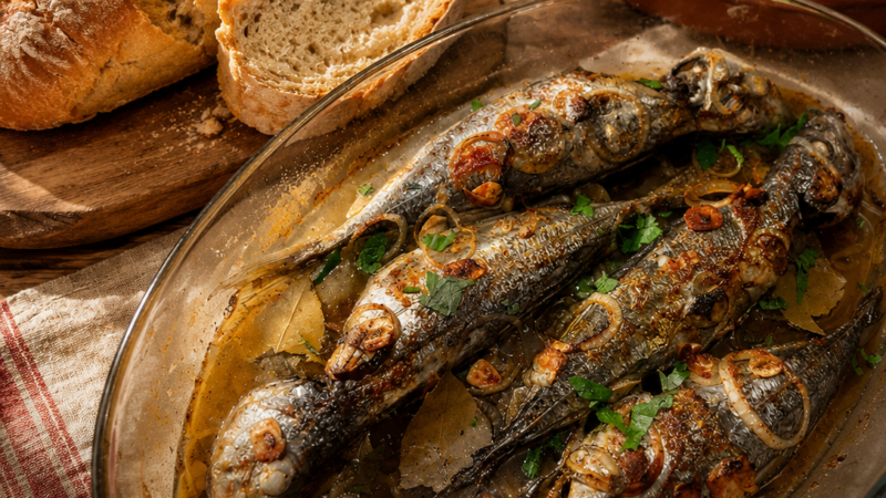 Carapaus de Escabeche, pão caseiro acabado de cortar e um copinho de vinho
