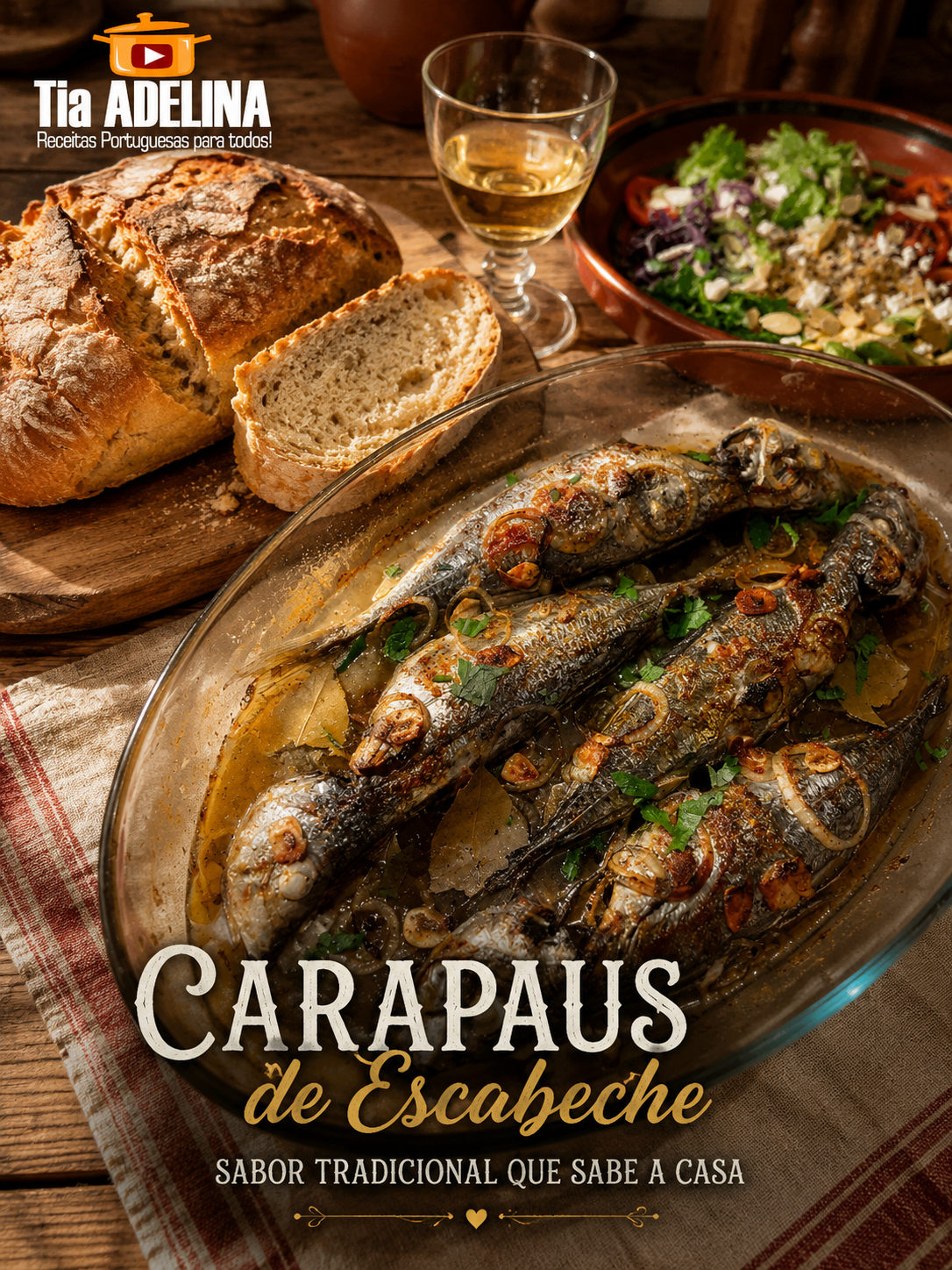 Carapaus de Escabeche, pão caseiro acabado de cortar e um copinho de vinho