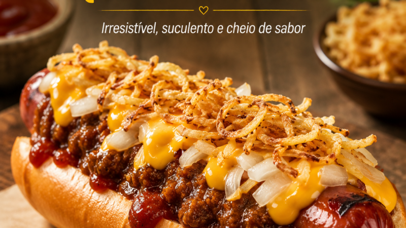 Cachorro Quente com Cebola Frita, Queijo e Molhos