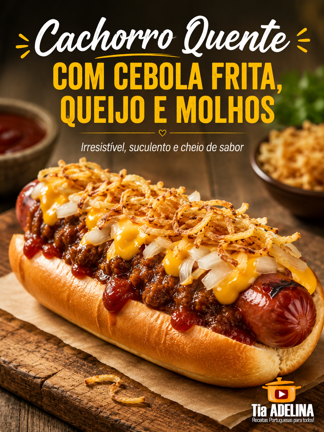 Cachorro Quente com Cebola Frita, Queijo e Molhos