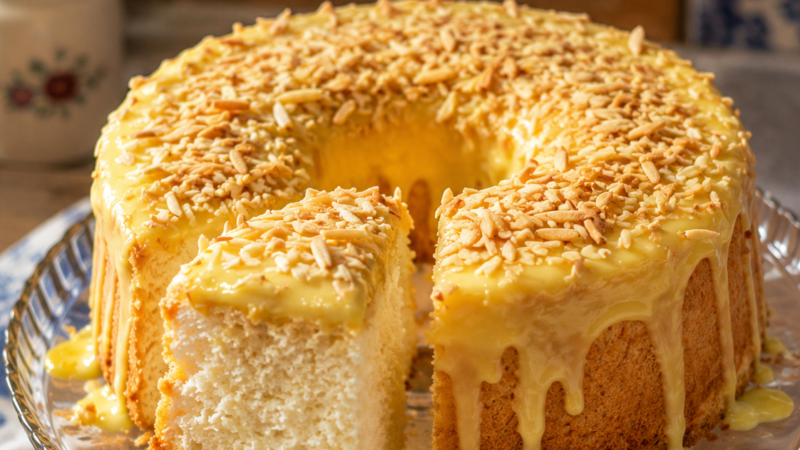 Bolo dos Anjos com Creme e Amêndoa Torrada
