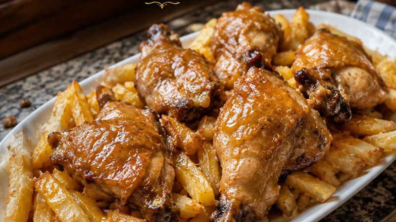 Receita de frango de churrasco com molho e batata frita