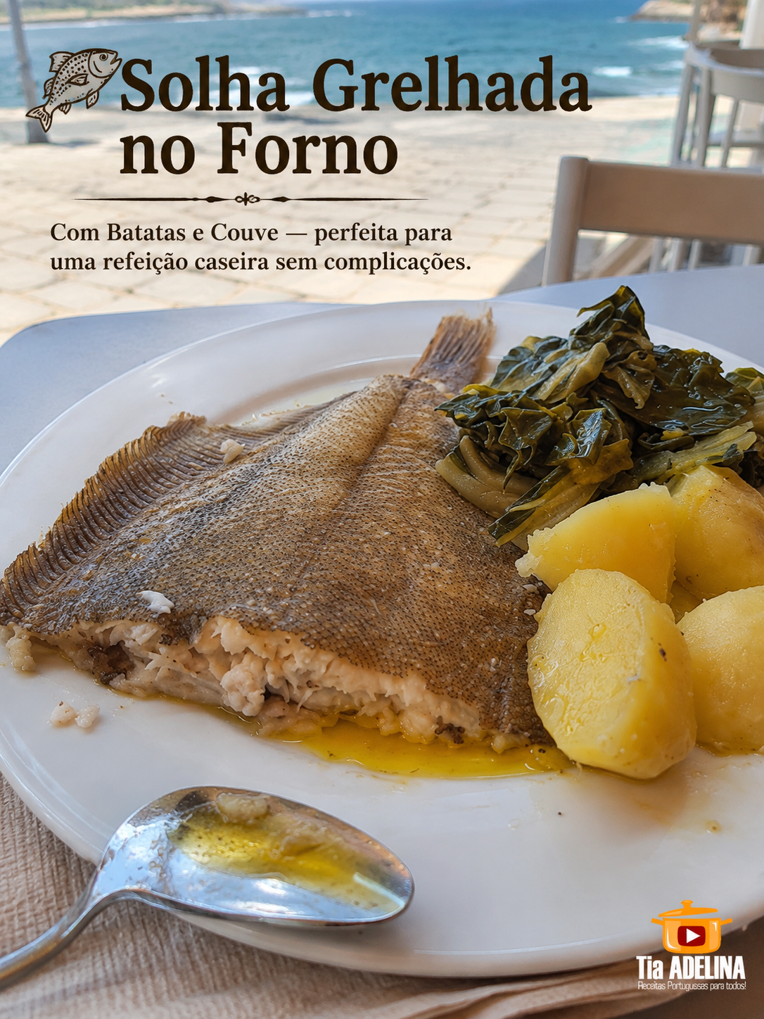 Solha Grelhada no Forno com Batatas e Couve. Perfeita para uma refeição caseira sem complicações.